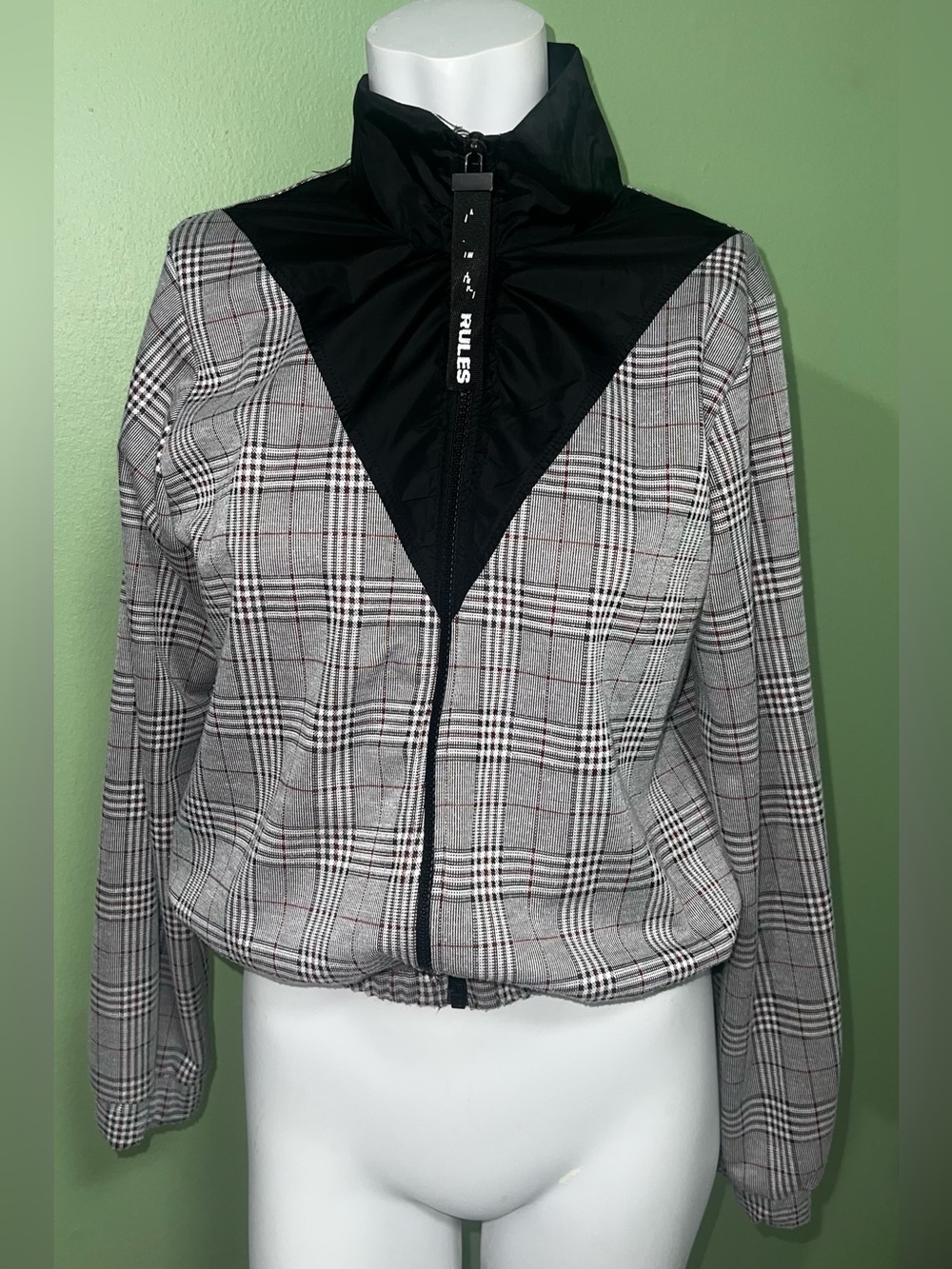 Zara Gray Plaid Bomber Jacket with Black Contrast Yoke